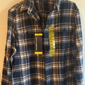 Lucky Brand Men's Navy and Tan Plaid Shirt